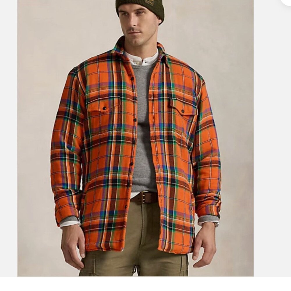 POLO RALPH LAUREN Men Sherpa Lined Orange Plaid Flannel Overshirt Jacket size S